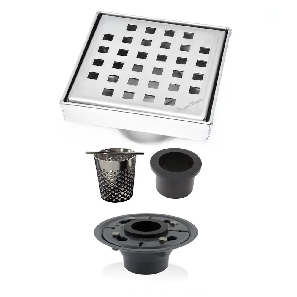 SereneDrains 5 Inch Brushed Square Drain with Hair Strainer and Drain Flange, 304-Grade Stainless Steel, High-Quality Shower Drain Kit for Easy Installation