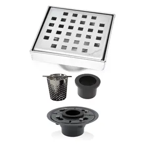 SereneDrains 5 Inch Brushed Square Drain with Hair Strainer and Drain Flange, 304-Grade Stainless Steel, High-Quality Shower Drain Kit for Easy Installation