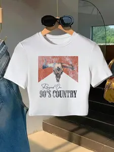 90s Country Vintage Oversized Concert Western Cowgirl Nashville Girl Tour Round Neck Cropped Fitted T-Shirt For Women