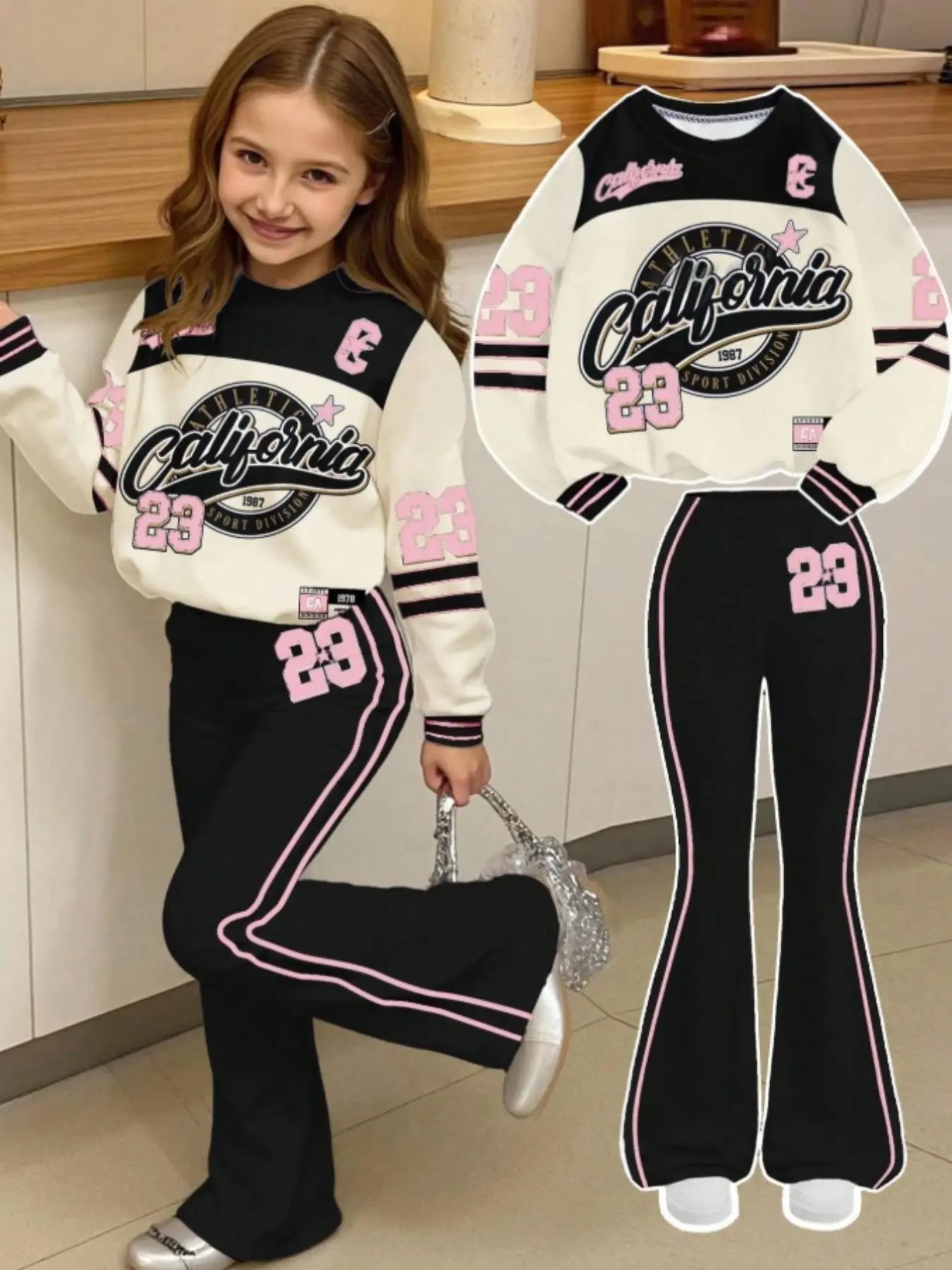 Girls' 2-Piece Athletic Sports Set, Number 23 Print, Graphic Print Set, Round Neck Sweatshirt, Bell Bottom Pants, Fall Winter, Casual Outdoor Wear, Matching Clothing Set