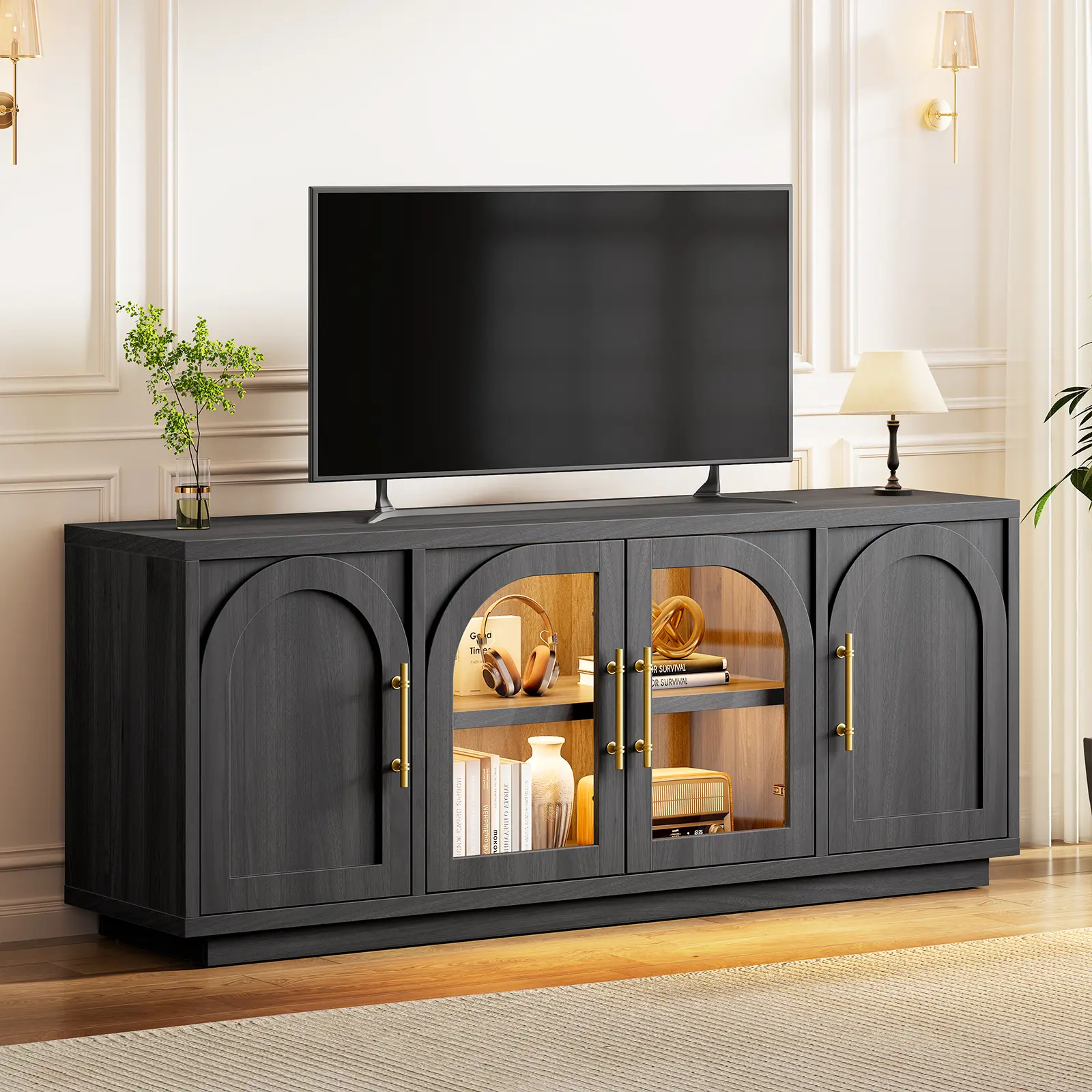 Sikaic 63-Inch Arched LED TV Stand - Matte Black Mid-Century Single Unit Media Console, Curved Cabinet with Glass Doors & Storage for Up to 60-Inch TVs, Tv Media Stand