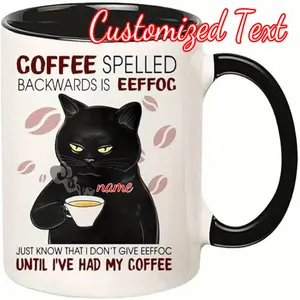 Funny Coffee Mug Custom Text Personalization Cute Black Cat Drinking Coffee Design "Coffee Spelled Backwards is Eeffoc" Novelty Cup Perfect Gift for Cat Lovers Coffee Addicts Birthdays Housewarming Ceramic Cup Good Day Coffee Mug Drinkware