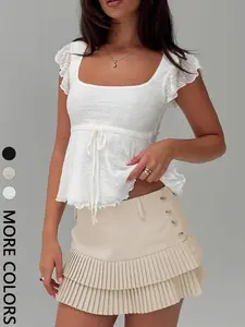 1 piece Women's Square Neck Knitted Top, Sweet Style Adjustable Belted Waist Design, Perfect for  Valentine's Day & Daily Commute & Vacation