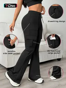 Women's Casual Bell Bottom Cargo Work Pants with Pockets, Long Trousers for Commuting, Fitted Plain Design with Drawstring, All Seasons Essential, Comfortable and Stylish
