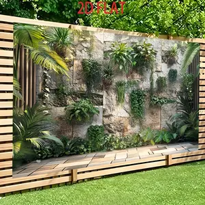 1PC,2D Flat Simulation Green Plant Rock Wall Backdrop, Outdoor Privacy Screen for Garden, Waterproof & Sun - proof Balcony Wall Decor, Natural - style Plant Background Cloth for Patio Decoration