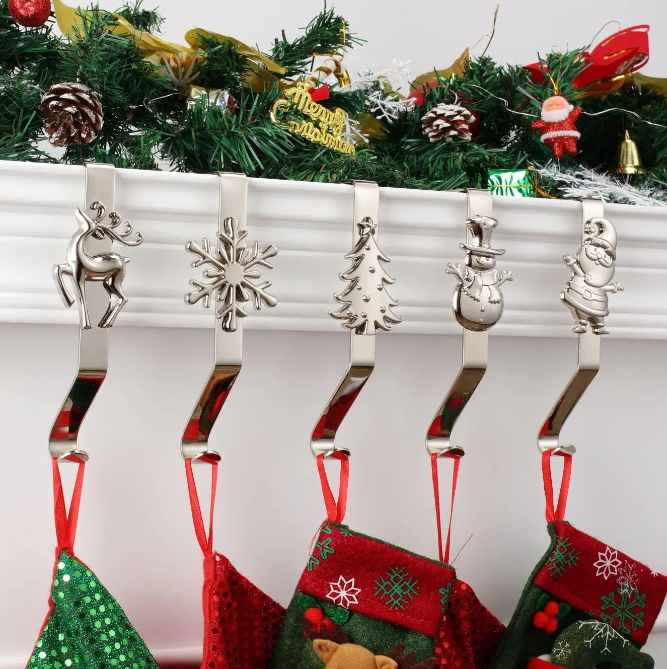 Christmas Stocking Hangers for Mantel Fireplace Set of 5-Christmas Tree/Deer/Snowman/Santa Stocking Holders for Fireplace Christmas Stocking Hooks for Christmas Decoration (Silver,Pack of 5)