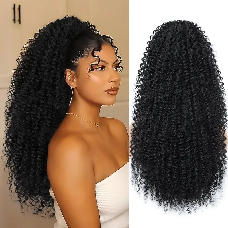Women's Black 24-In Synthetic Silk Fiber Kinky Curly Drawstring Ponytail Extension - Clip-On Barrette Quick Bun, Tangles-Resistant, Smooth, Baroque Classy, Casual, Dressy, Easy to Remove, for Weddings, Dates