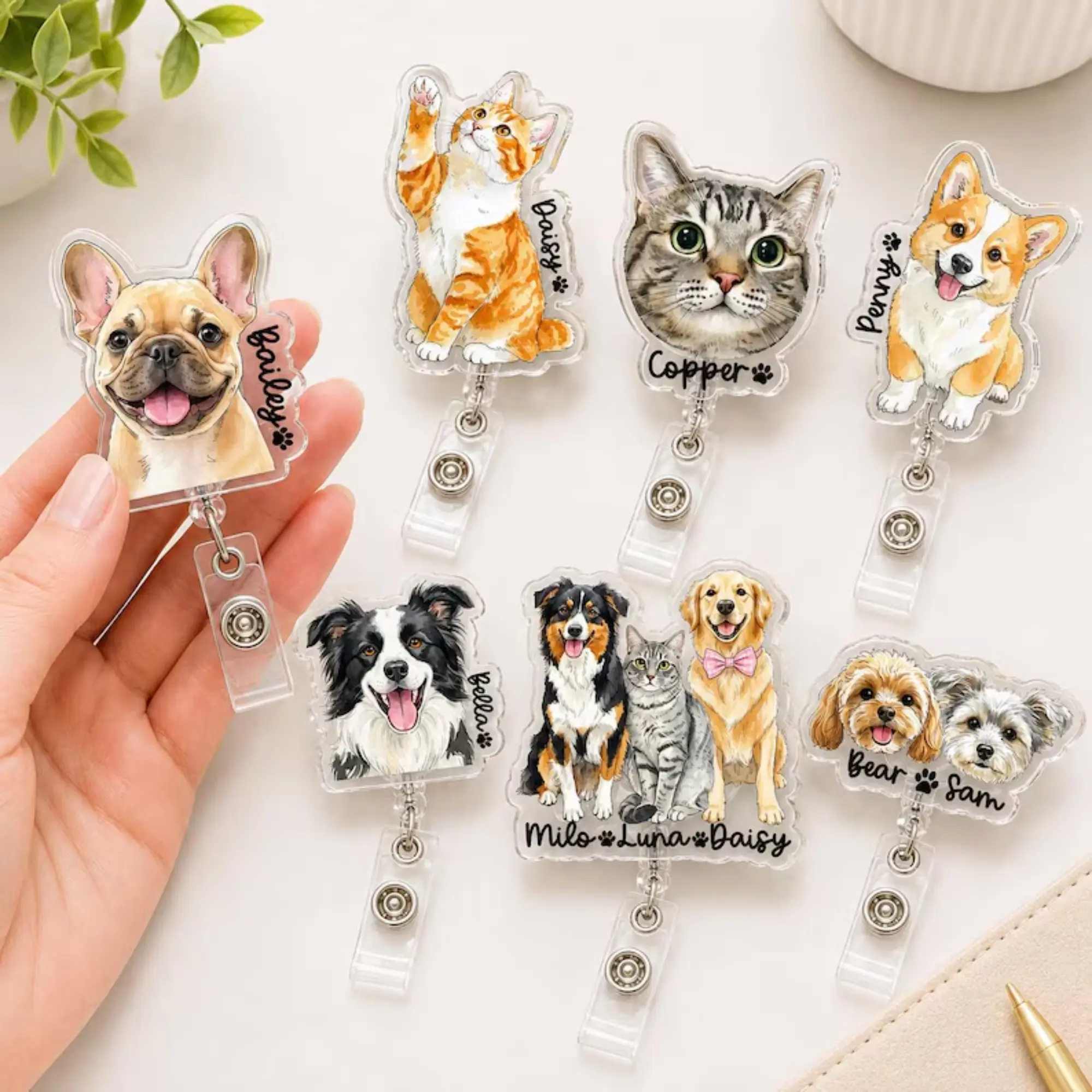 Custom Pet Badge Reel - Personalized Dog Cat Acrylic ID Badge Holder - Gift for Pet Lovers