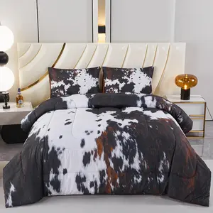 Comforter Set 3 count  Bedding Set Western Farmhouse Rustic Bed Comforter Set Black White Brown Cowhide Quilt Set