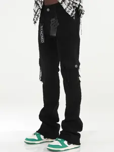 Black Wool Denim Stacked Flare Jeans Mens Urban Streetwear