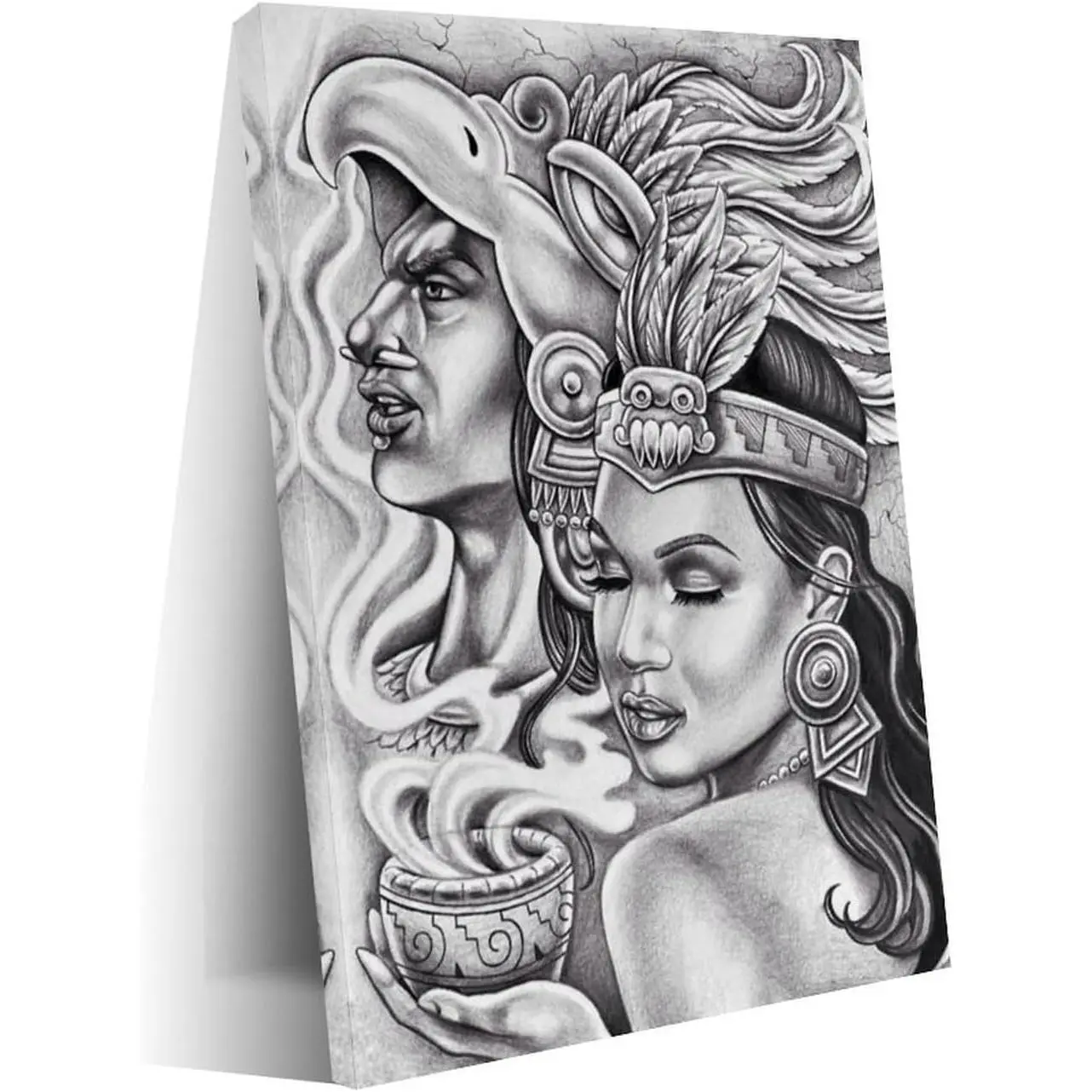 Handmade Aztec King & Chicano Woman Portrait Artwork - Artistic Photo Poster Canvas Print, 12x18in (30x45 cm) Frame-Style Wall Art, Home Decoration for Living Room, Room Decorations