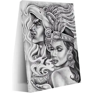 Aztec King And Chicano Woman Portrait Poster Canvas Art Wall Printing Office Bedroom Aesthetic Living Room12x18inch(30x45cm) Frame-style