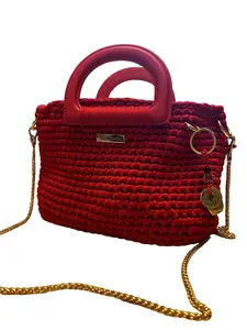 Handmade Crochet Mini Tote Bag for Women - Rich Red, Elegant & Lightweight, Gold Chain, Made to Order