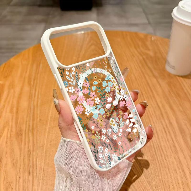 Chic Botanical Graphic Phone Case Hand-Drawn Style Pink, Blue & Yellow Wildflowers Paired With Lush Greenery Featuring Built-In Strong Magnet Ring Blending Smooth Macaron Texture With Secure Magsafe Compatibility For iPhone 17 16 15 14 13 12 11 X XS