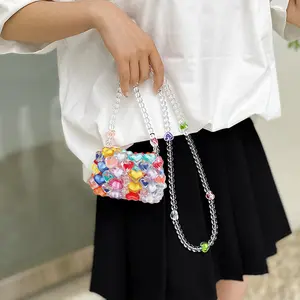 Adorable Mini Crossbody Bag for Women Candy Color Jelly Purse with Heart Shaped Design Beaded Strap Shoulder Bag for Thanksgiving Presents