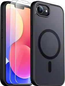 Apple iPhone 16e Magnetic Case with 2PCS Tempered Glass Screen Protectors, Slim Translucent Matte Phone Cover, Shockproof Anti-Scratch Protective Case for iPhone 16e 6.1”, Black