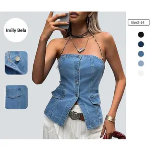 Imily Bela Women's Strapless Denim Vest Summer Button Down Jean Tube Top Y2k Fitted Bandeau Shirt with False Pocket