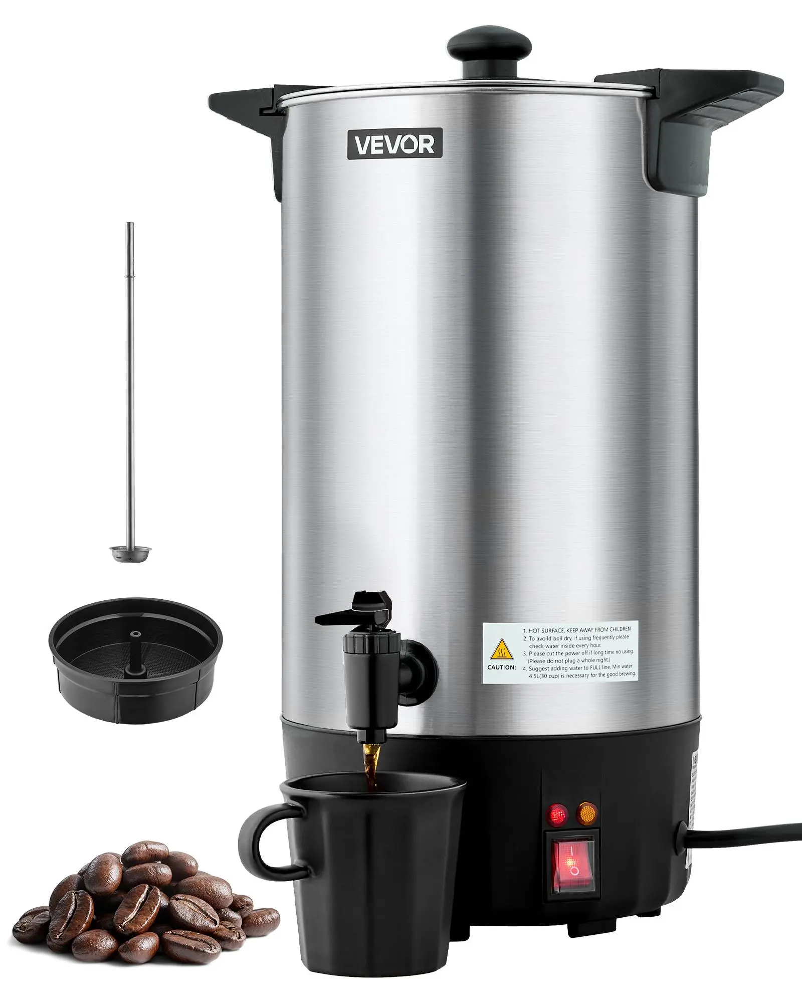 VEVOR Sturdy Corded Vertical Commercial Coffee Urn, 60-Cup 9L Large Size Insulated Hot Beverage Dispenser with Dripless Faucet, Quick-Brewing Stainless Steel Maker for Commercial Users, Catering,techvibes
