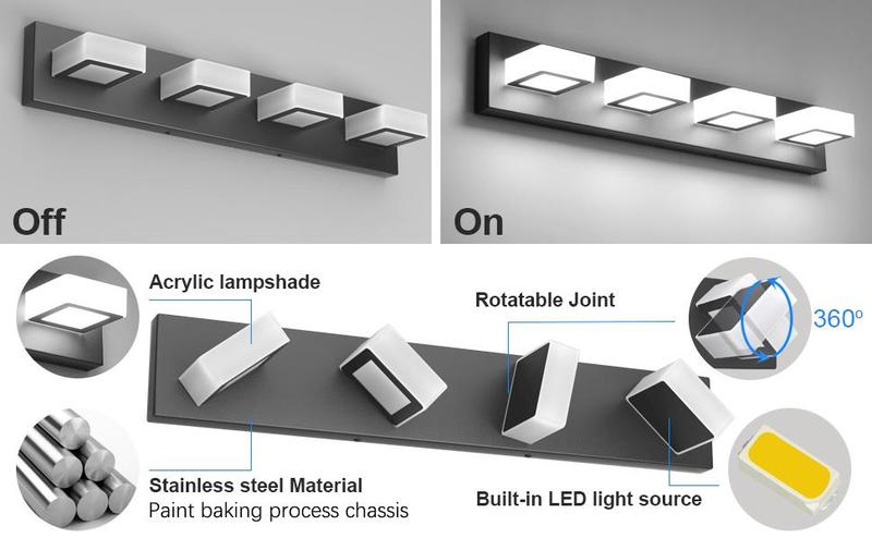 4 Lights Black Vanity Lights Dimmable Acrylic Modern LED Black Bathroom Vanity Lighting Fixtures