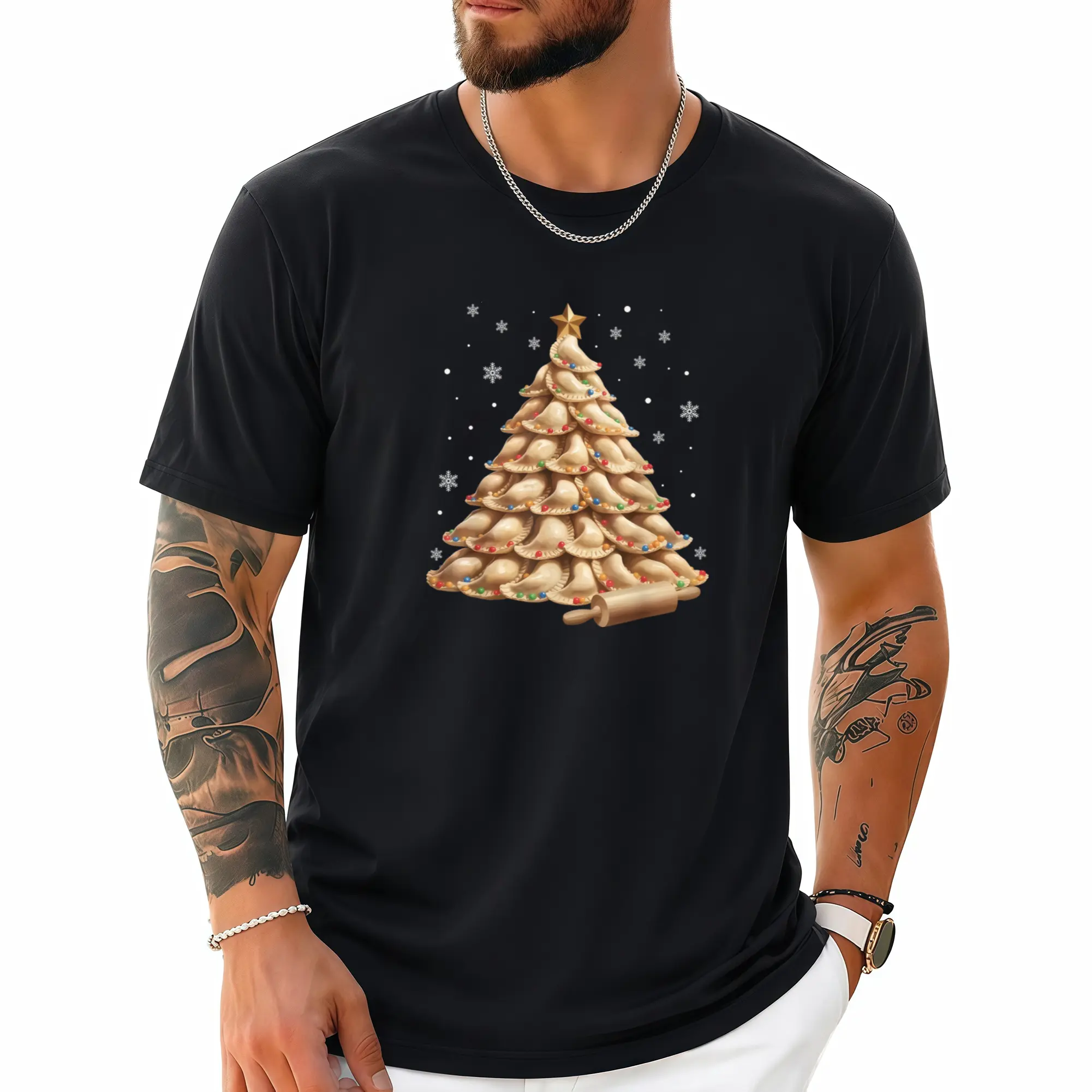 Humorous T-Shirt Featuring a Big & Tall Pierogi Tree, Perfect for Polish Christmas Cuisine. This Unisex Casual Tee Has a Round Neck And Short Sleeves, Showcasing a Festive Dumpling Design. It Offers a Bit of Stretch