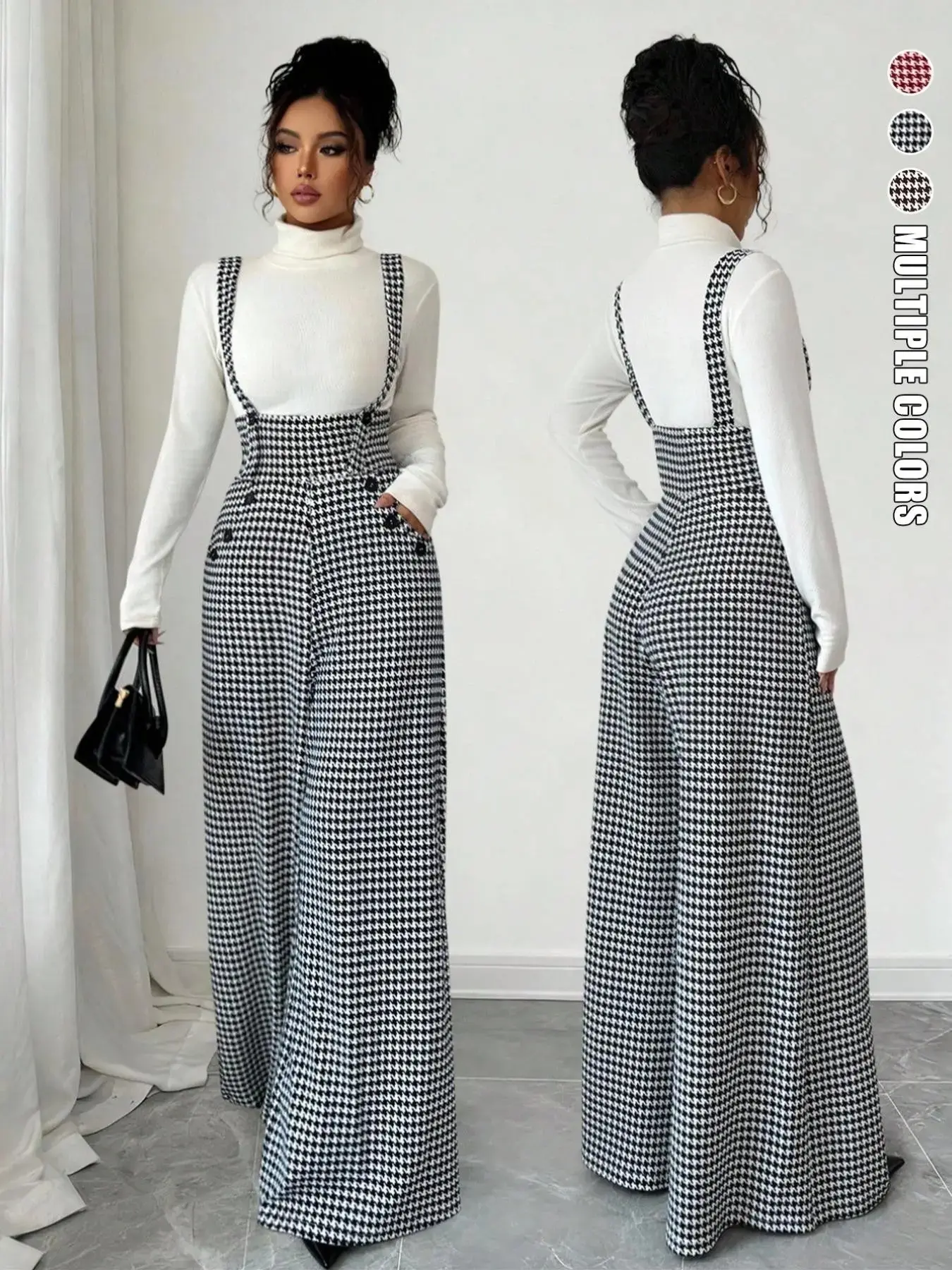 Women's Knitted Plaid Print Houndstooth Wide Leg Pants, Front Pocket Button Design, Fashionable Elegant Daily Commuter Trousers for Fall Winter, Y2K Streetwear, Trendy Womenswear for Commuting, Dating and Going‑Out Occasions
