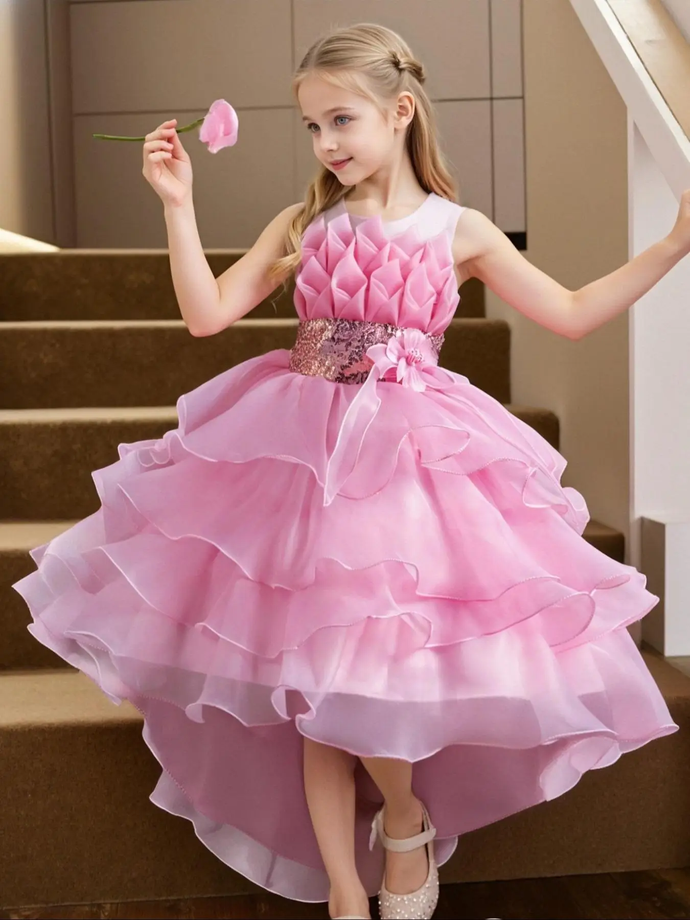 Girl's Contrast Mesh Sequin & Bow Decor Layered High Low Hem Formal Dress, Elegant Floral Design Sleeveless Zipper A Line Dress for Party Performance