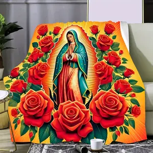 A Bohemian Style Virgin Mary Flannel Blanket - Premium Soft, All-Season Comfort, Multi-Functional High-Definition Digital Print Quilt - Suitable for Sofa, Bedroom, Gift - 100% Polyester, Patchwork Craftsmanship, 250-300g Lightweight Bed Sheet
