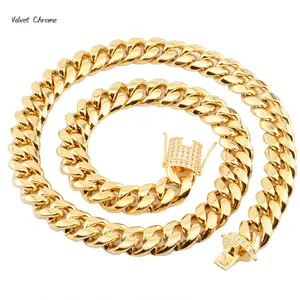 Gold-plated titanium steel and stainless steel Cuban chain men's necklace with white diamond clasp and encrypted whip chain