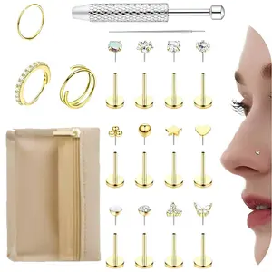 14K Gold Plated Threadless Nose Studs CZ Nose Rings for Women Men 316L Surgical Steel Labret Studs Lip Rings Push in Flat Back Stud Earrings CZ Nose Nostril Tragus Helix Piercing Jewelry Hypoallergenic 20G 18G 16G