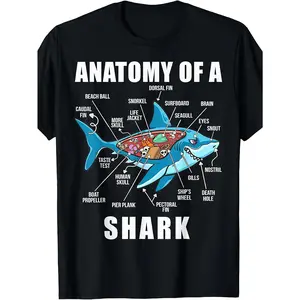 Retro Shark Anatomy T-Shirt - Funny Marine Biology Graphic Tee with Shark Diagram, Casual Round Neck Shirt Suitable for Shark Lovers, Machine Washable Shark Teeth & Fins