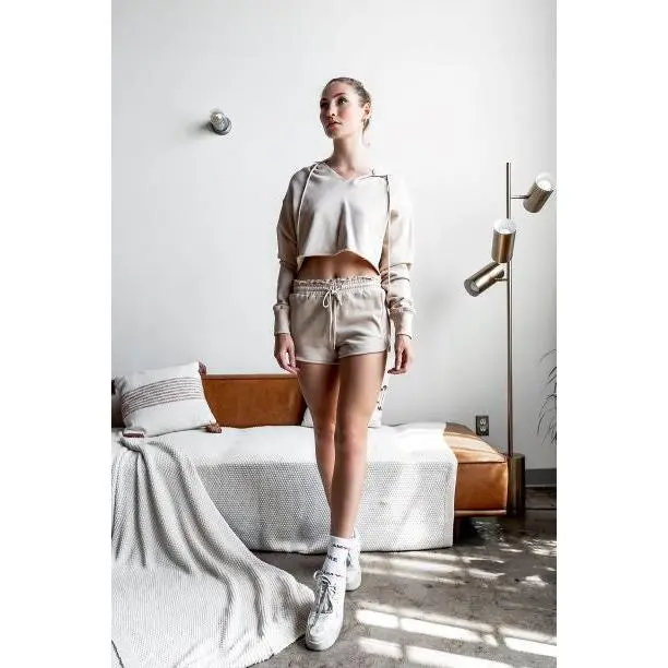 Khaki Raw Edges Cropped Hoodie and Bottom Sets Cotton Fabric
