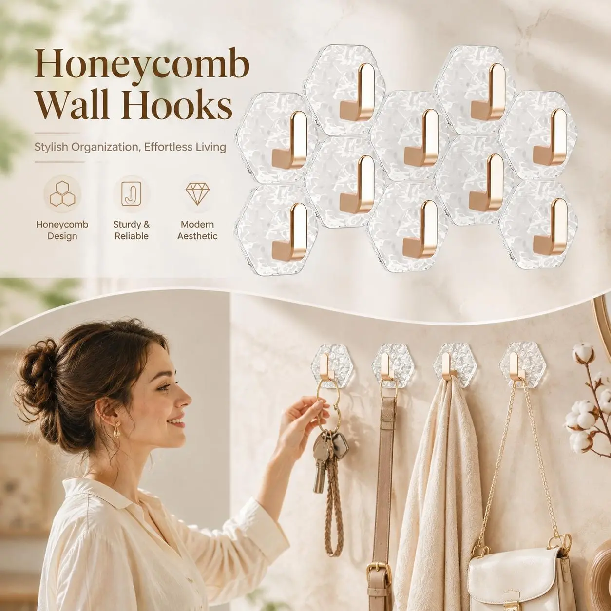 Self-adhesive hooks, pack of 10 or 20, wavy hexagon design, strong adhesive hooks, waterproof and rustproof, for bathroom, kitchen, keys, towels, and coats, home storage organizer, easy installation