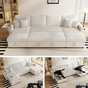 111"Sectional Sleeper Sofa with Pull-Out Pull Out Couch Bed, Convertible Cloud Couch with Storage Chaise and USB Charging, Corduroy U Shaped Modular oversized Couches for Living Room Apartment, Modern Comfy Sofa Couch flexible configuration