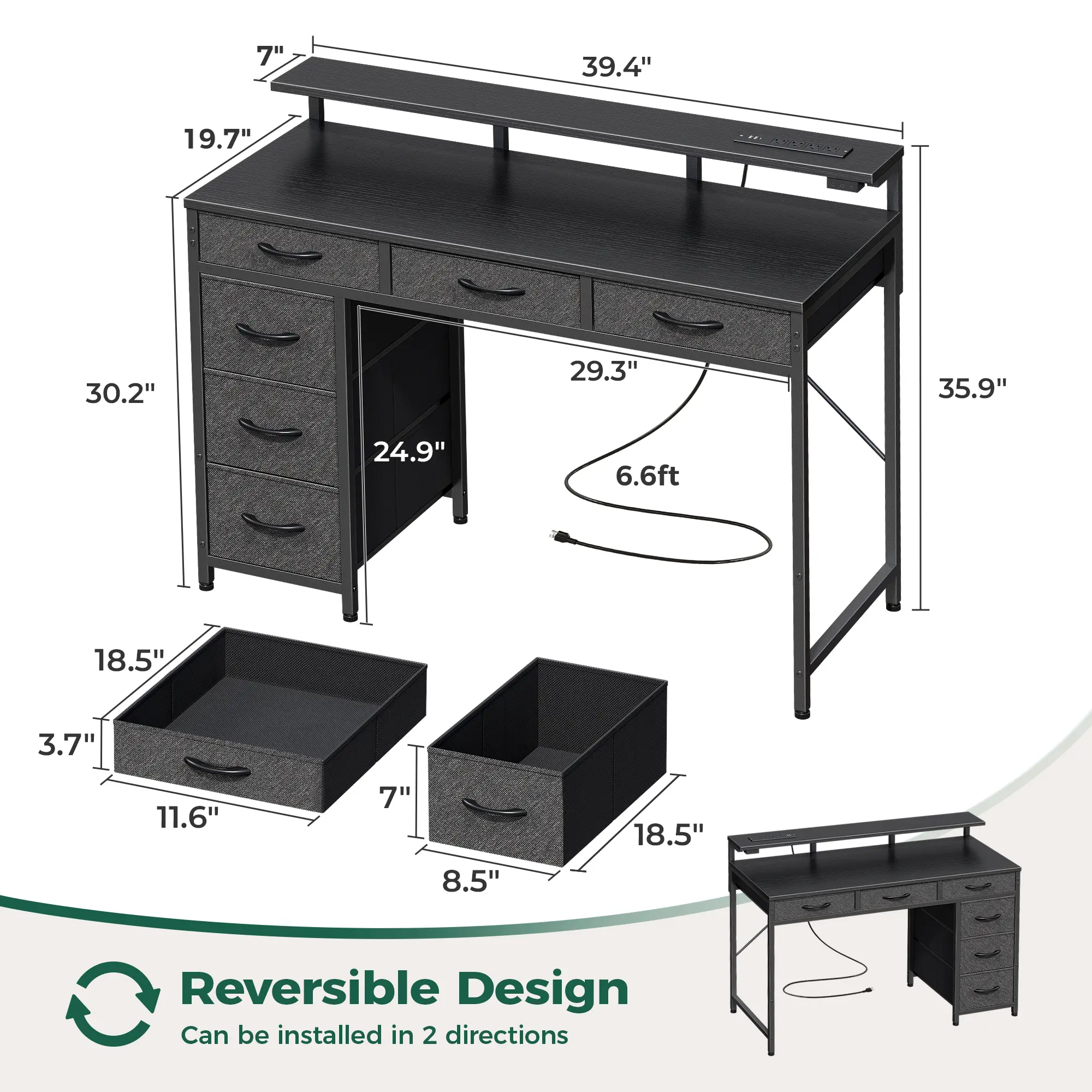6 Drawers 39 inch Black