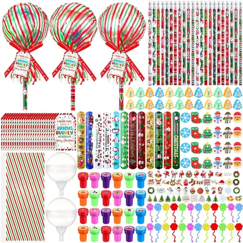 24 Pack Christmas Lollipop Party Favors Bulk Classroom Christmas Gifts for Students 293 Pcs Goodie Bags Stuffers with Pencils Wristbands Stickers Stamps Erasers Sharpener Ribbon from Teachers Mom for XMA Party Rewards Prizes Exchange Supplies