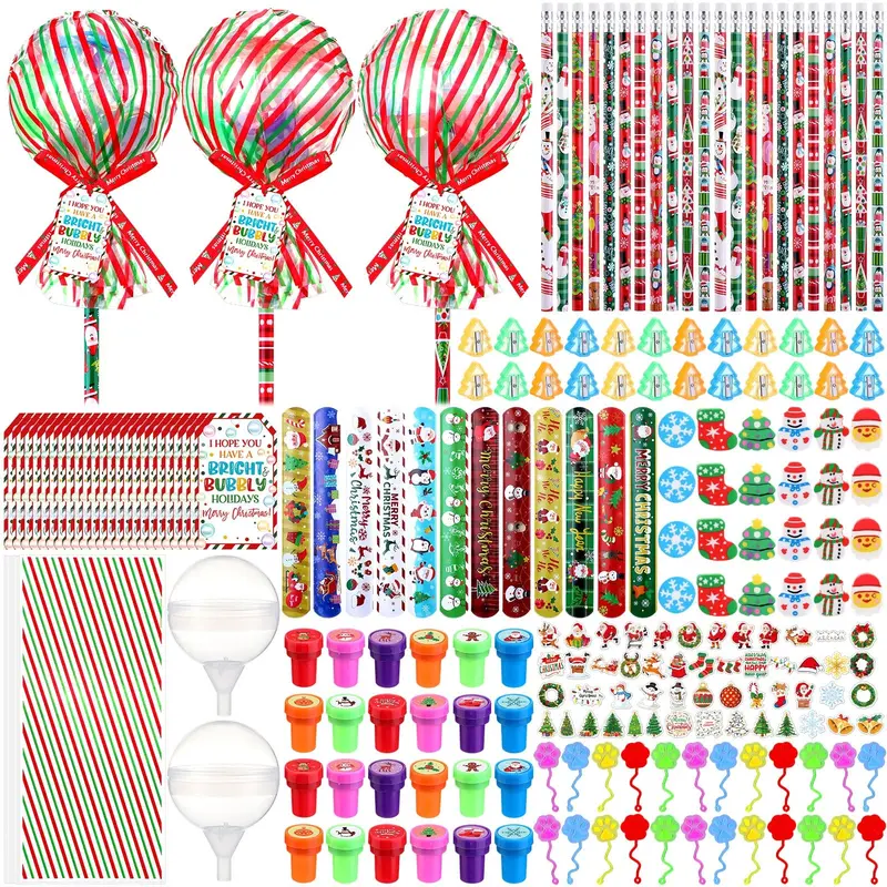 24 Pack Christmas Lollipop Party Favors Bulk Classroom Christmas Gifts for Students 293 Pcs Goodie Bags Stuffers with Pencils Wristbands Stickers Stamps Erasers Sharpener Ribbon from Teachers Mom for XMA Party Rewards Prizes Exchange Supplies