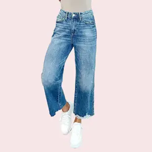 Judy Blue High Waist Rigid Magic Wide Leg Distressed Hem Crop Jeans 88963, Stretchy Cotton Womenswear Streetwear Denim Bottom Cropped