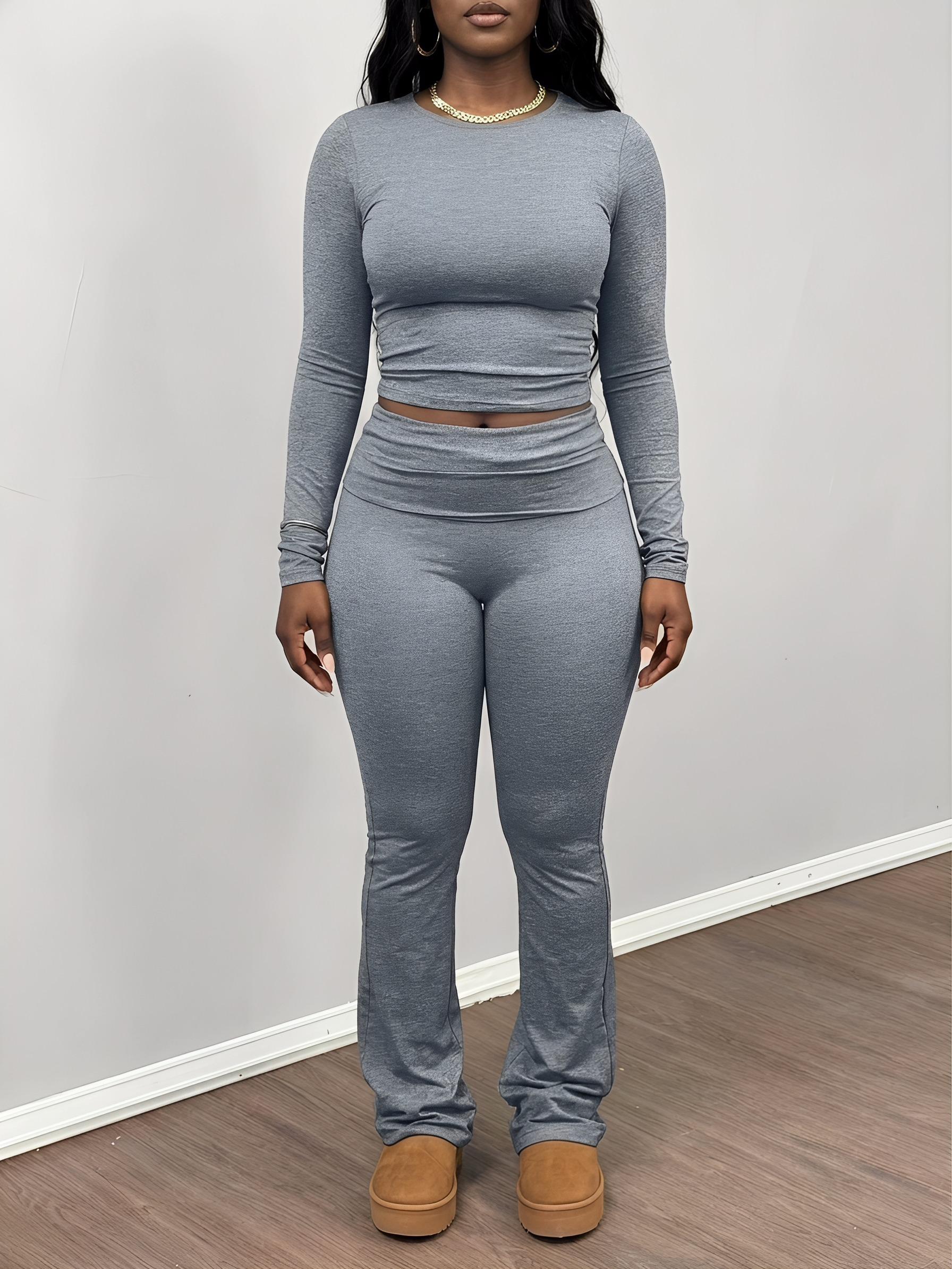 Heather Grey Flare Leggings Set 2 Piece Long Sleeve Crop Top Yoga Outfits for Women