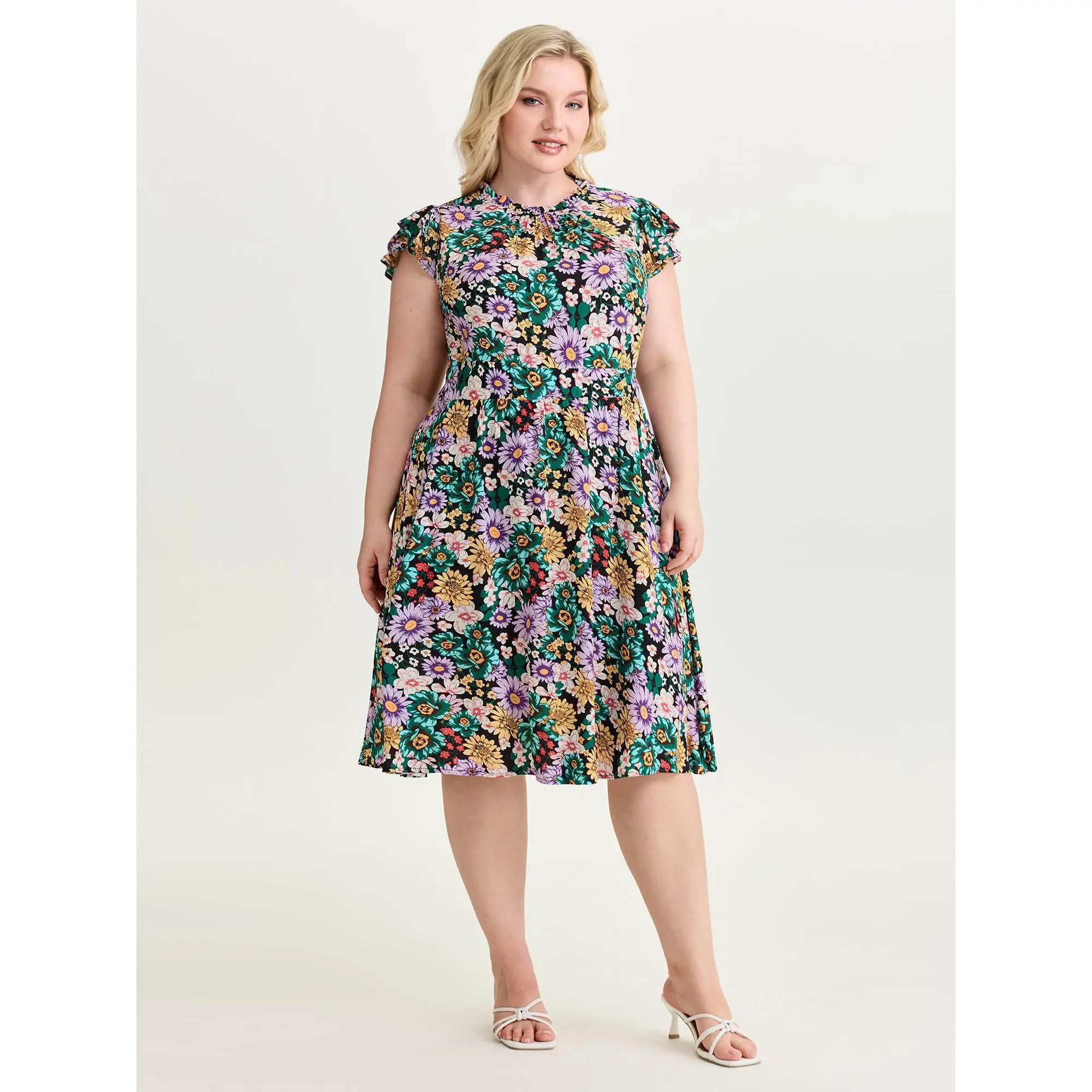 BloomChic Plus Size Ditsy Floral Cap Sleeve Knee Length Dress, Timeless Multicolor Curvy Clothing with Collar, Smooth, Shortsleeve, Low Iron, Plus Size Clothes, 100% Rayon, Floral Pattern, Pull-On, 14-16/1X, Garment, Fabric, Pocket