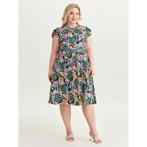 BLOOMCHIC Plus Size Vibrant Floral Print Ruffled Neckline Mini Dress [M-6X]2026 Summer Vibes Swimweek