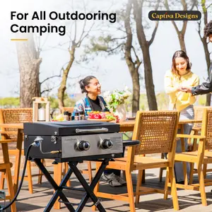 17 Inch 2 Burner Portable Propane Gas Griddle Grill with Lid, Outdoor Foldable Flat Top Grill with Stand for Barbecue, Camping, Tailgating Bbq