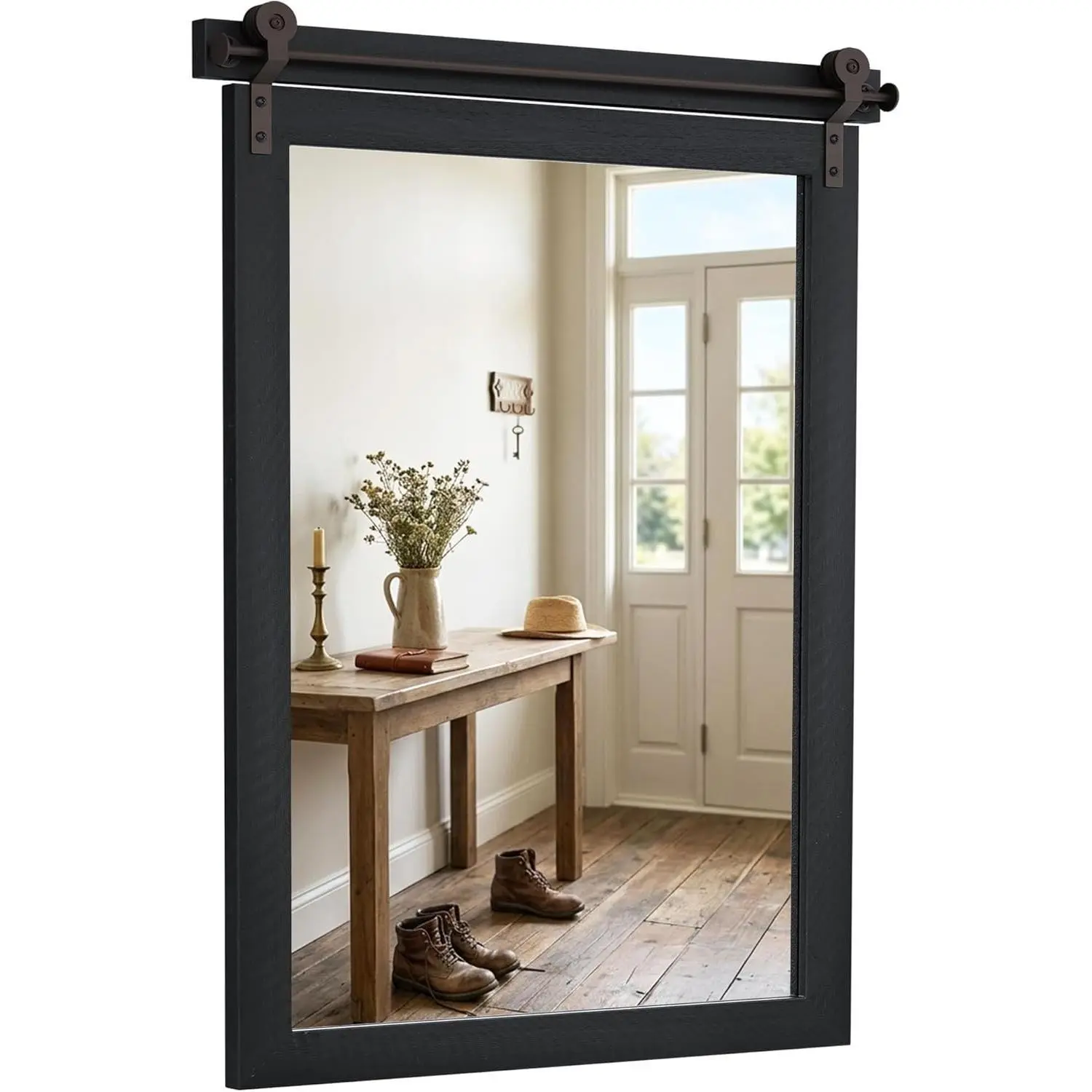 24"x36" Black Barn Door Wall Mirror, Solid Wood Framed Rustic Accent Mirror, HD Tempered Glass Farmhouse Decorative Mirror with Sliding Hardware for Entryway Console Table & Hallway