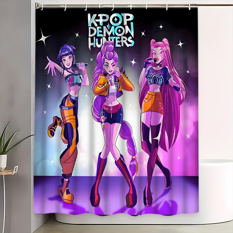 Trendy K-Pop Shower Curtain Set, Includes Bath Mat, Toilet Lid Cover & U-Shaped Tray, Perfect Bathroom Decor Gift for Friends Family, Bathroom Shower Equipment