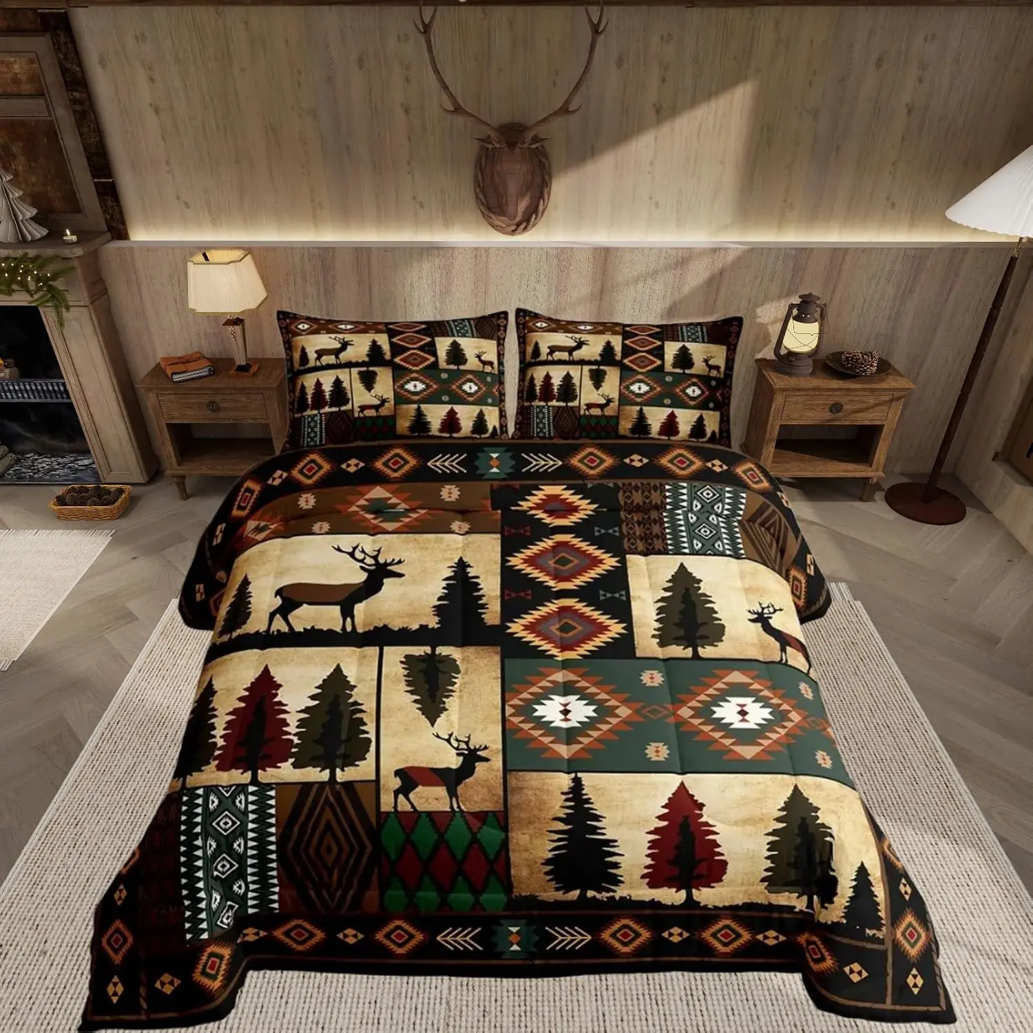 Deer Bedding Set Wild Animal Comforter Set Decor Checkerboard Comforter Microfiber Drak Brown Duvet Set