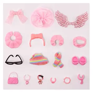 17 pc pink accessories outfit set for mini toy figures, included bow skirt headband glassess hat scirt shoes bag collars bundle set for mini cats dogs fox wolf bunny toys(B53)