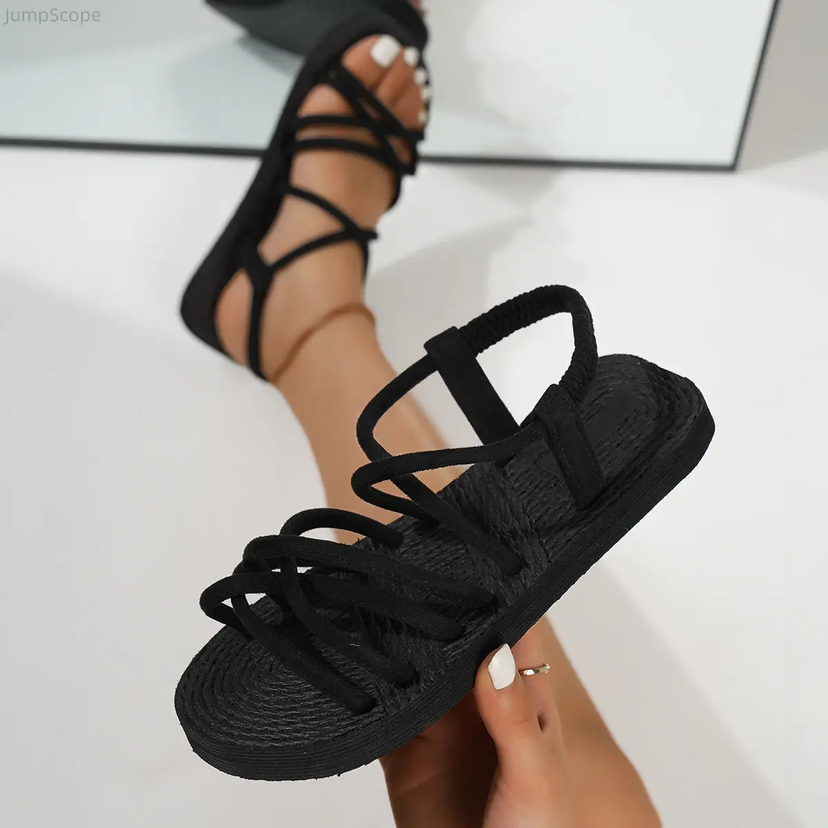 Women's Flat Sports Sandals, Open-Toe Crisscross Straps with Rhinestones, Elastic Back Strap for a Secure Fit, Faux Hemp & EVA Soles