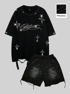 Men's Loose Fit Summer Set, Ripped Effect, Rhinestone, Washed T-Shirt & Shorts, Smooth Round Neck, Punk Rock Style, Casual Fashion