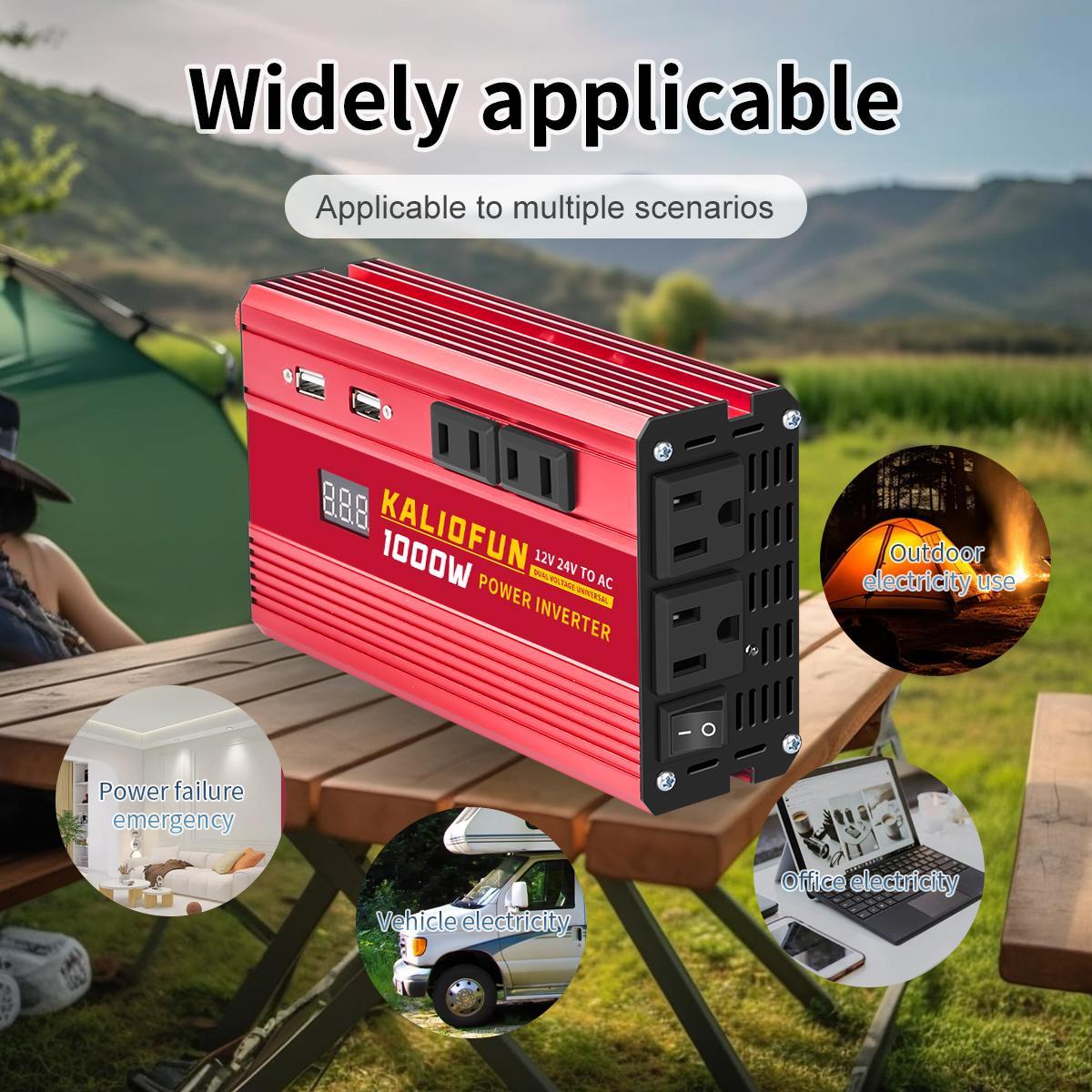 KALIOFUN 1000W Power Inverter Dual Voltage 12V/24V to AC 110V Universal for Camping with Overload Protection & Multiple USB Ports