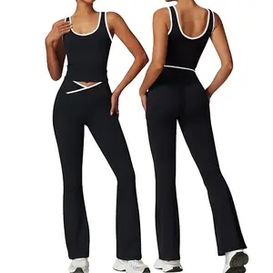 Women's Workout Sports Casual Set, Contrasting Trim U Neck Backless Tank Top, Cross Waist Yoga Flared Leggings