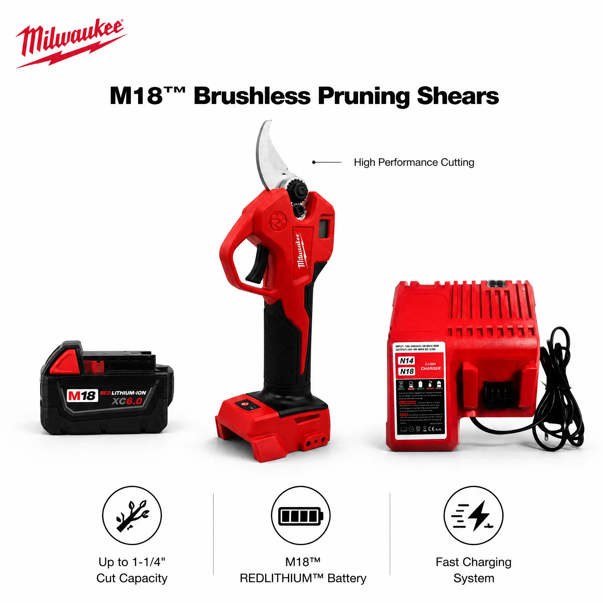 Milwaukee M18 Cordless Pruning Shears - Professional Garden Pruning Tool, Tree Trimmer Tool, Tree Branch Cutter with Advanced Electronic Cut Counter, Smart Digital LED Display Screen, Precision Cutting, Instant Jaw Bypass Response for Orchard Maintenance